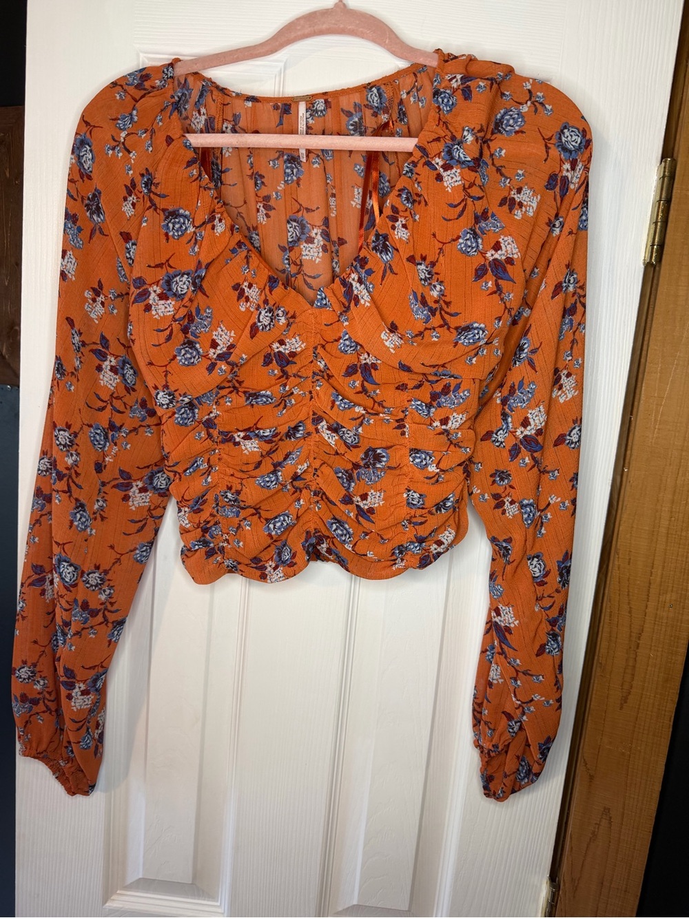 Free People Orange Floral Ruched V-Neck Blouse